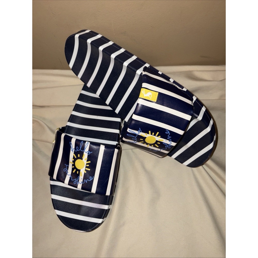 Joules Sz 10 Poolside Navy Hello Sunshine Striped Slide Sandals 42 Yellow Logo